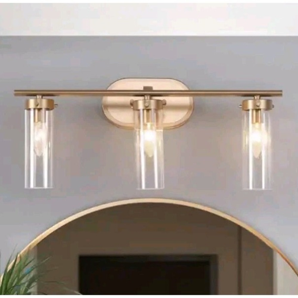 Antique Gold Modern 3-Light Bathroom Vanity Light 21.5 in. Modern Glass Cylinder